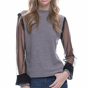 English Factory lace sleeve mock neck ribbed top